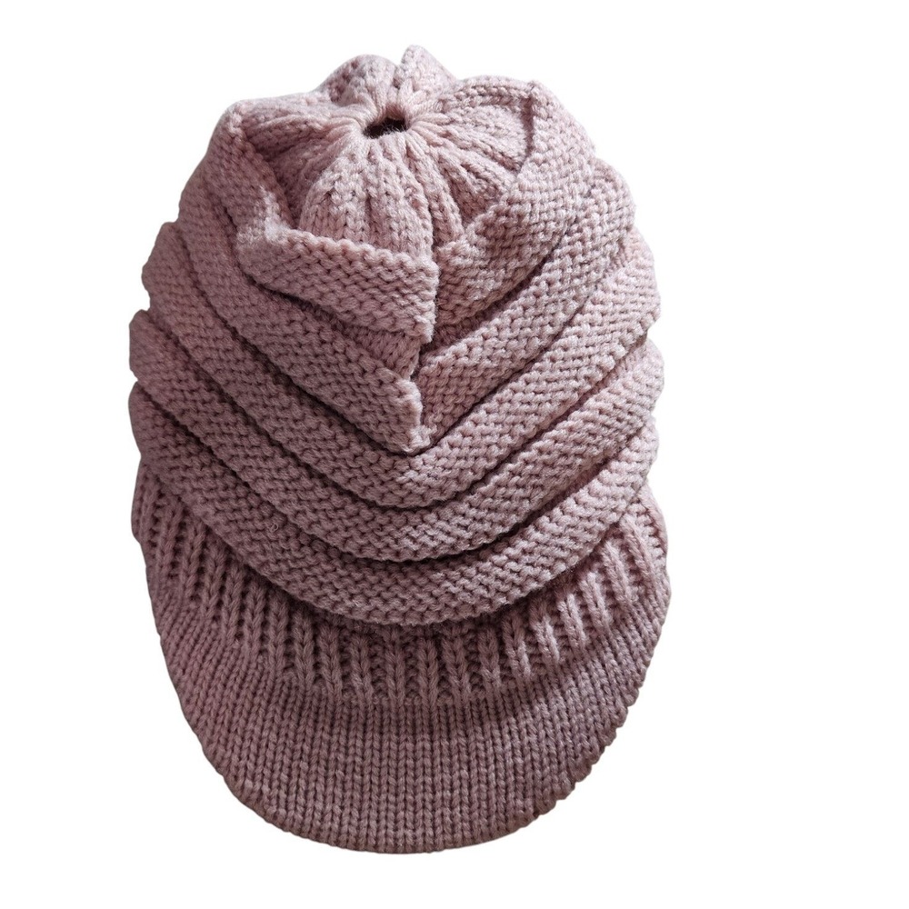 Womens Blush Pink Ponytail Beanie One Size Messy Bun Slouchy Knit Hat